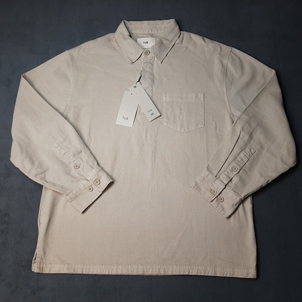 NEW Folk Polo Shirt Mens Large Brown Beige Tan Quinn Rugby Long Sleeve $172 MSRP